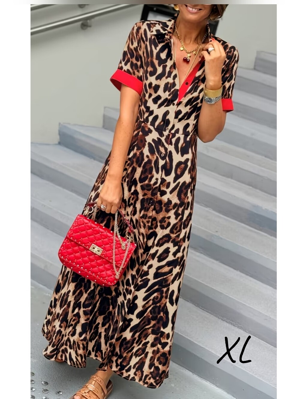 Contrast Leopard print maxi shirt dress, XL